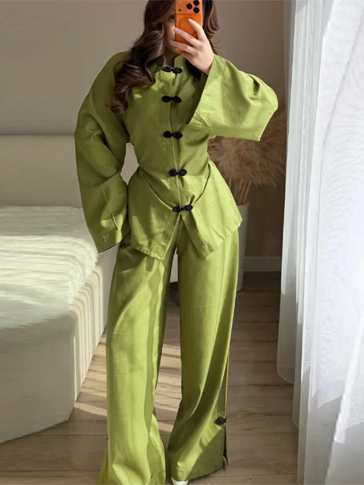 

Casual Women's Two-Piece Pants Set Frog Button Mandarin Collar Waist Cinching Top Wide Leg Pant Loose Fit Suit New Lady Outfits