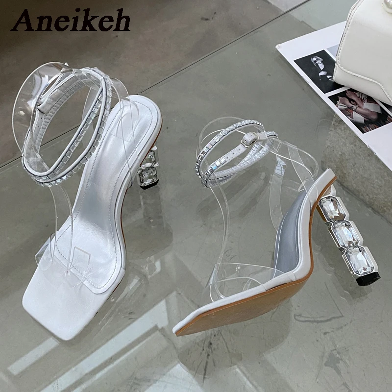 Aneikeh Sexy Sparkly Stacked Crystal Heel Sandals Woman Summer 2024 Thin Embellished Ankle Straps High Heel Shoe for Women Pumps