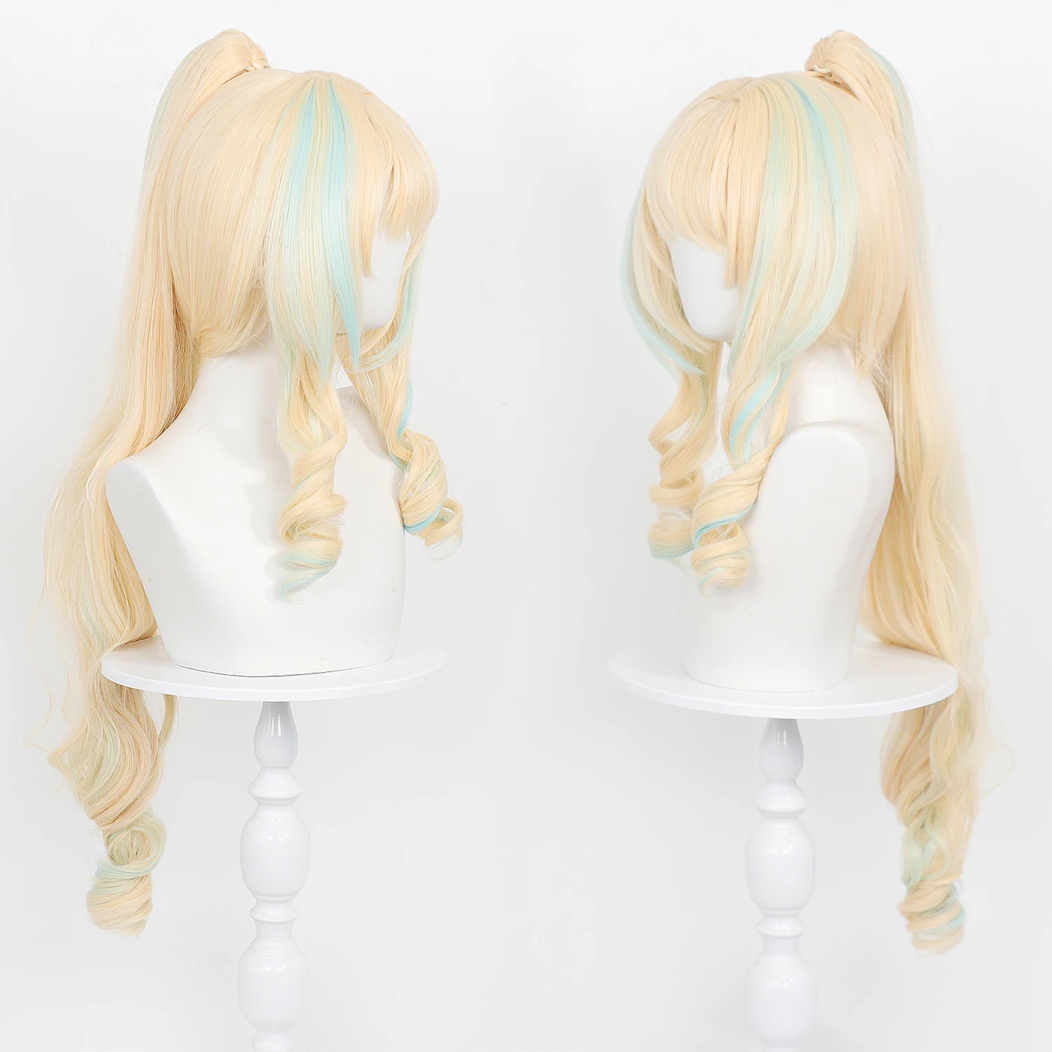 Genshin Impact Varesa Cos Wig Detachable Ponytail Blonde Cyan Highlights Long Curly Scalp Top Heat Resistant Anime with Wig Cap