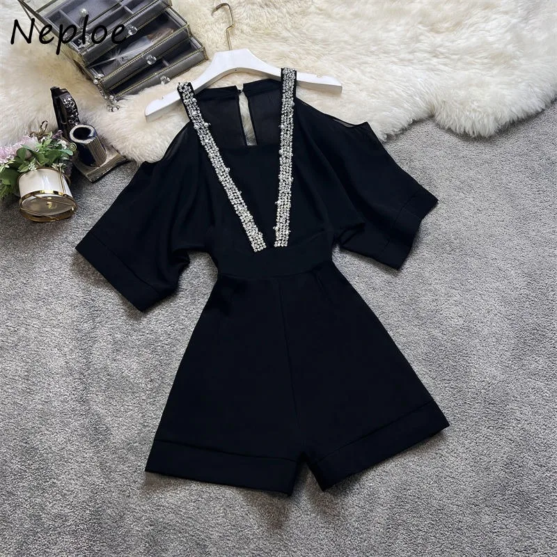 

Neploe Fashion Beading Off Shoulder V-neck Chiffon Jumpsuits Y2k High Waist Loose Shorts for Women 2024 New Wide Leg Shorts