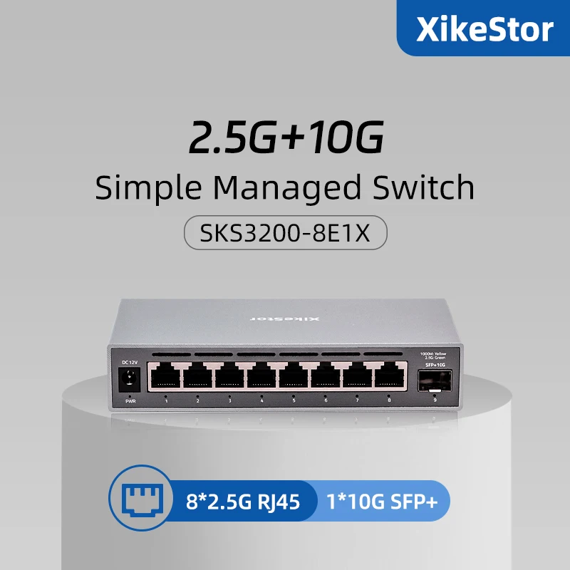 XikeStor  9 Ports Simple Managed Switch 8-Port 2.5G RJ45 1-Port 10G SFP+Ethernet Switch+Support VLAN Division/LACP