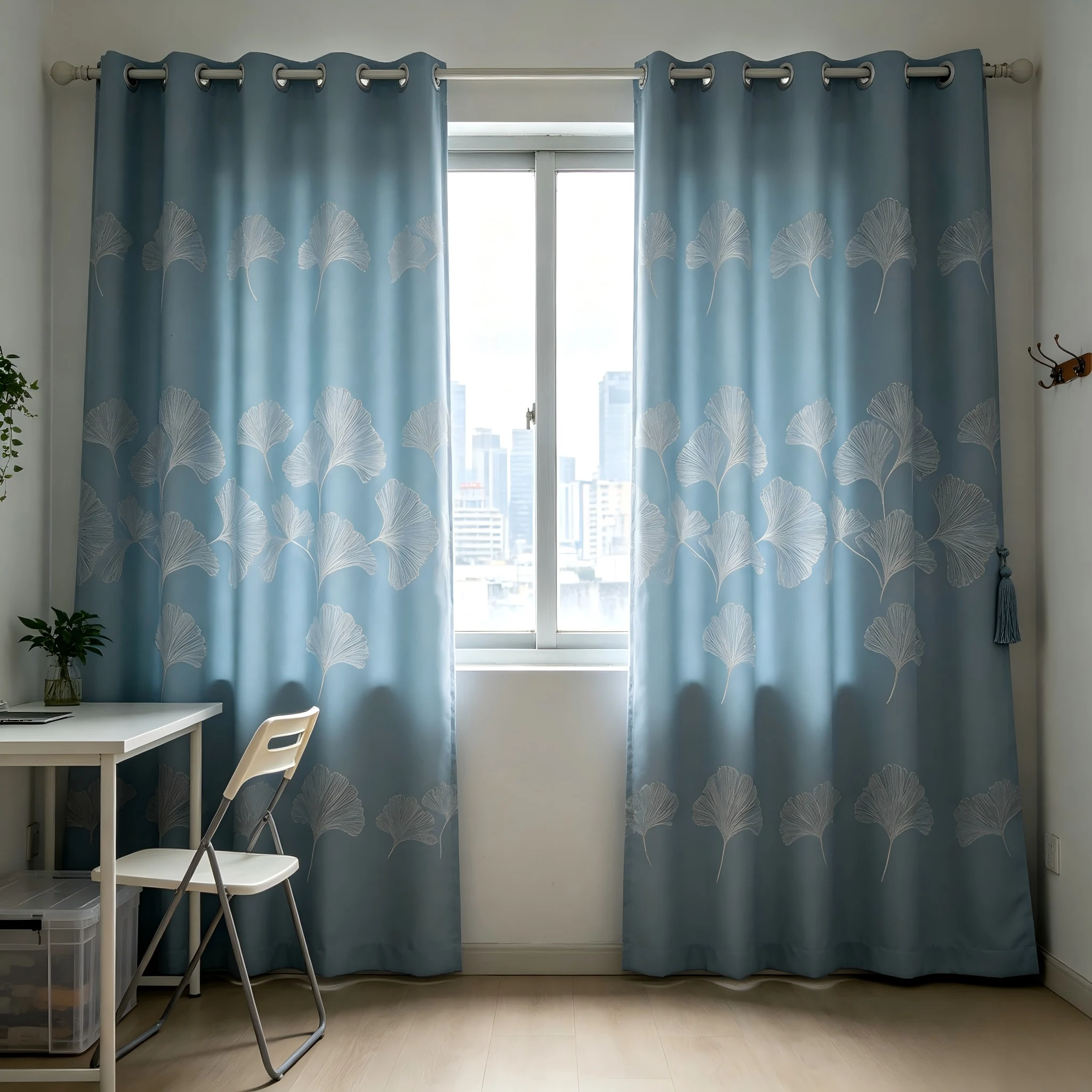 200407  Mist blue Ginkgo leaf printed curtains