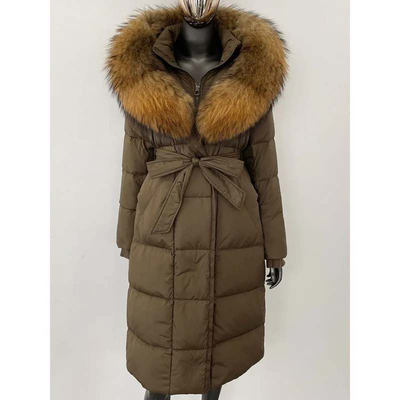 HUISONG Long Hooded Puffer Jacket Women New Winter Warm White Goose Down Jacket Women Real Fox Fur Coat Female Natural Fur Coat