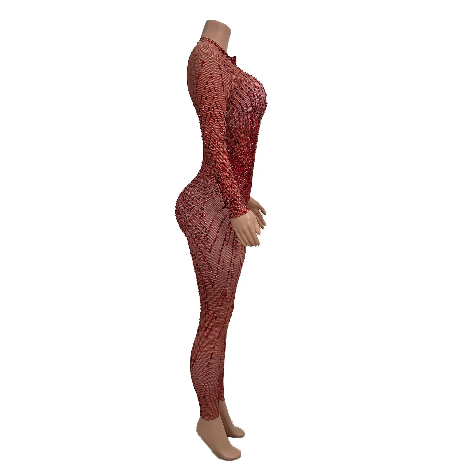 

Sexy Stretch Red Glitter Sequin Transgender Female Bodysuit Show Rompers Women Party Celebration Performance Rhinestone Jumpsuit