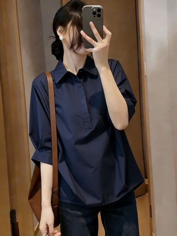 

Elegant plus Size Women's Shirt V-Neck Short Sleeve Cover Belly Korean Style Loose Fit Commute Fashion Summer New Arrival