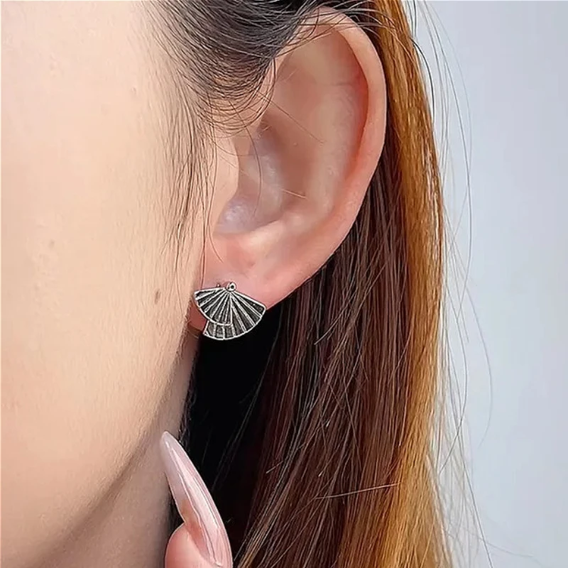 

925 Sterling Silver Geometric Chinese Style Pleated Sector Stud Earring for Women Fine Jewelry High Luxury Vintage Accessories