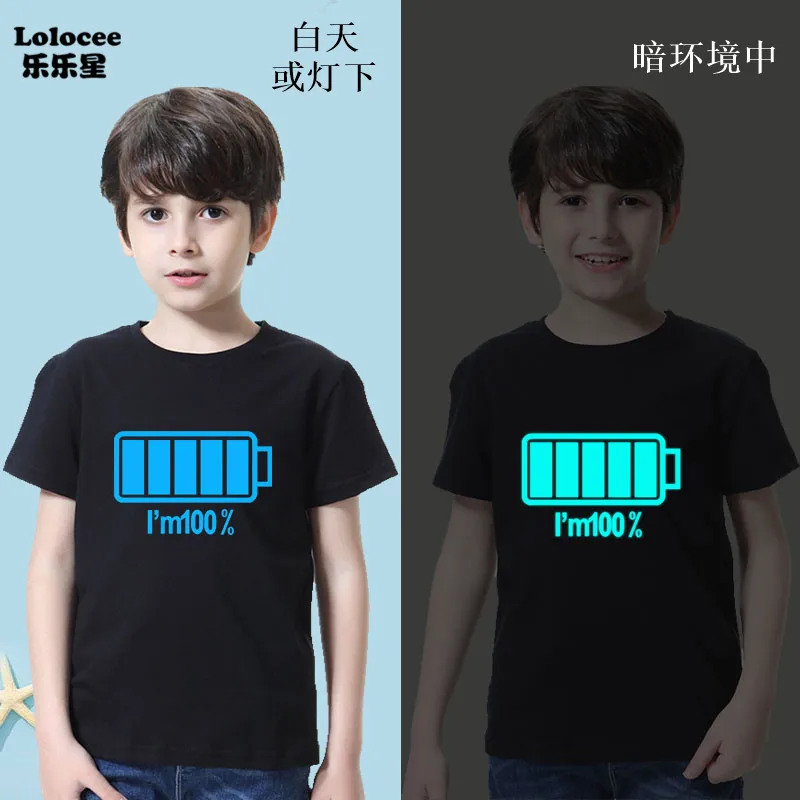 2023 New Boys Luminous Battery T Shirts Summer Short Sleeve Glowing Children\'s Clothes Kids Casual Tees Tops