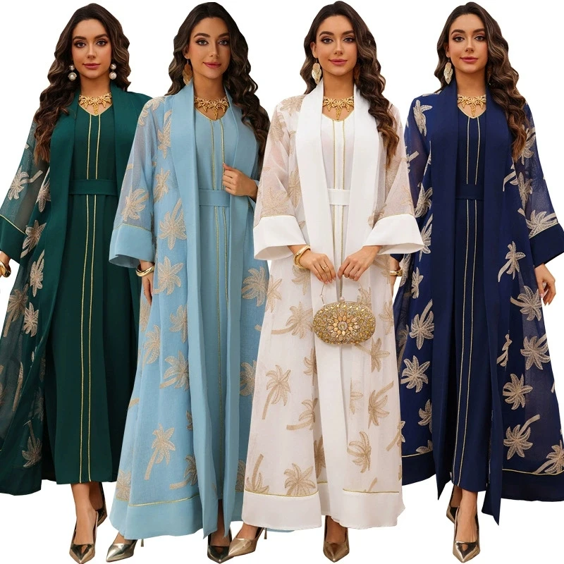 

Ramadan Middle East Islamic Robe Embroidered Yarn Luxury Fashion Dubai Two Piece Set Cardigan Dress Muslim Women's Robe