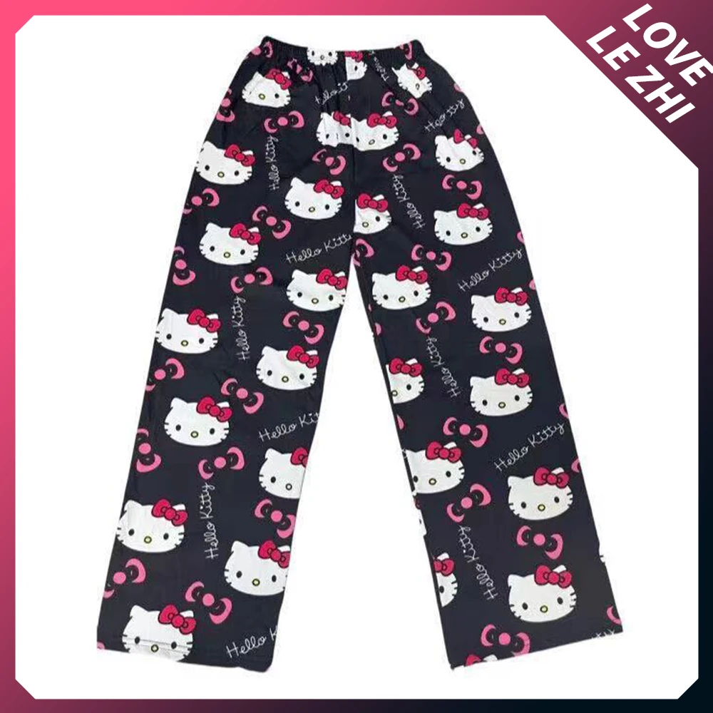 

Свободные женские Пижамные брюки Sanrioed с рисунком Hello Kitty, повседневные Модные брюки с рисунком из аниме для дома на весну и осень