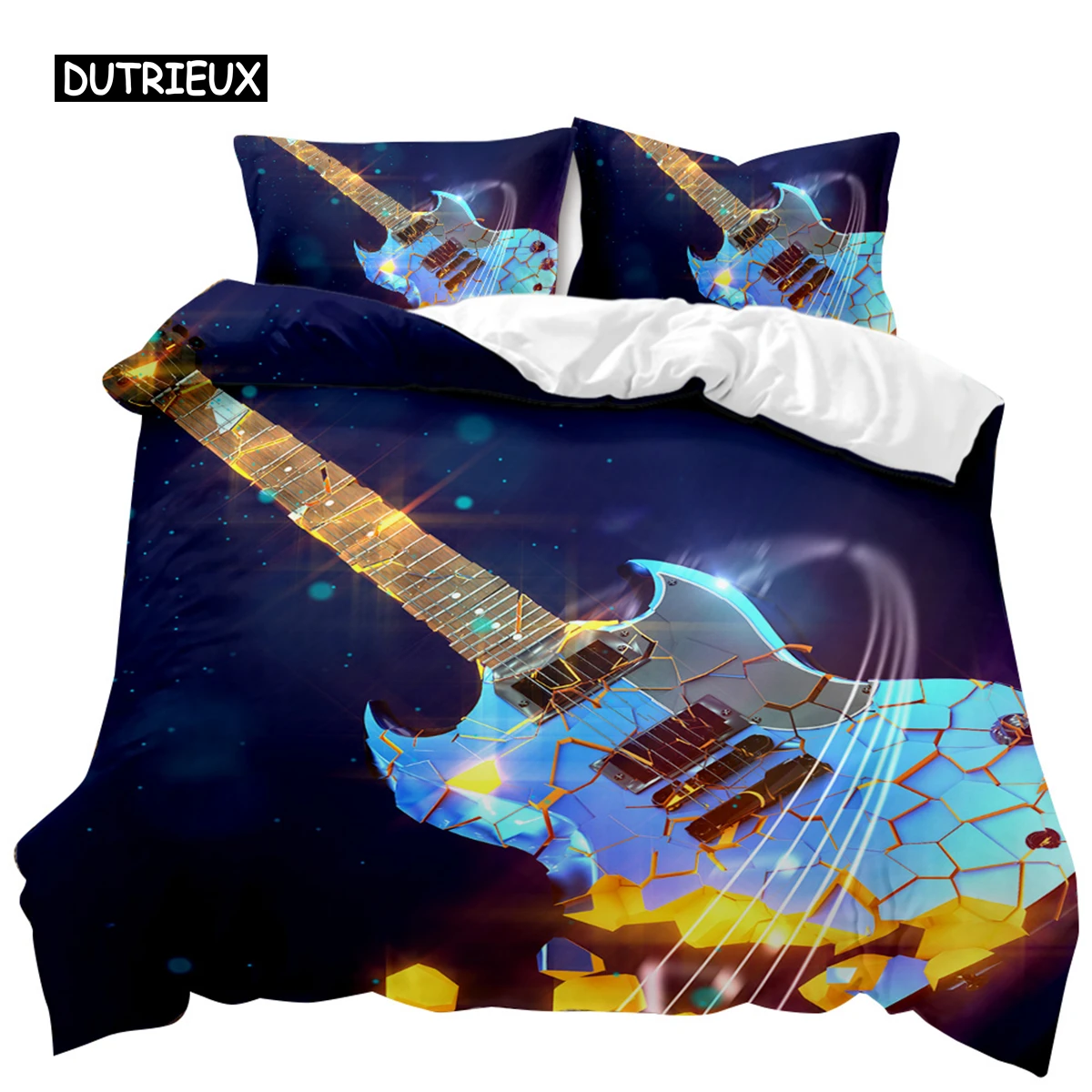 

Guitar Duvet Cover Set Twin Rock Music Comforter Cover Set Hip Hop Hippie Quilt Cover Blue Guitar Polyester Bedding Set for Teen