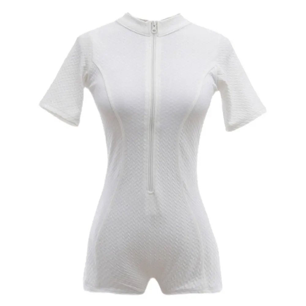 

Bodysuit Short Sleeve Swimming Suit Half High Collar Solid Bathing Suit Blue High Neck One Piece Swimsuit Summer