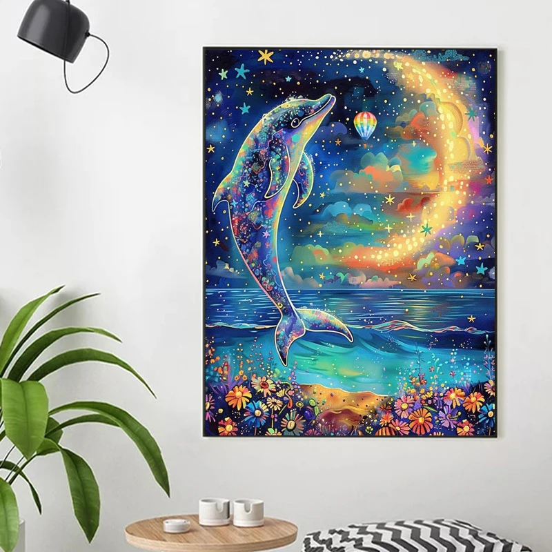 Moon 100% Fairy Dust Drill Diamond Painting Dolphin Full Crystal Diamond Mosaic Embroidery Animal Cross Stitch Kit Home Decor