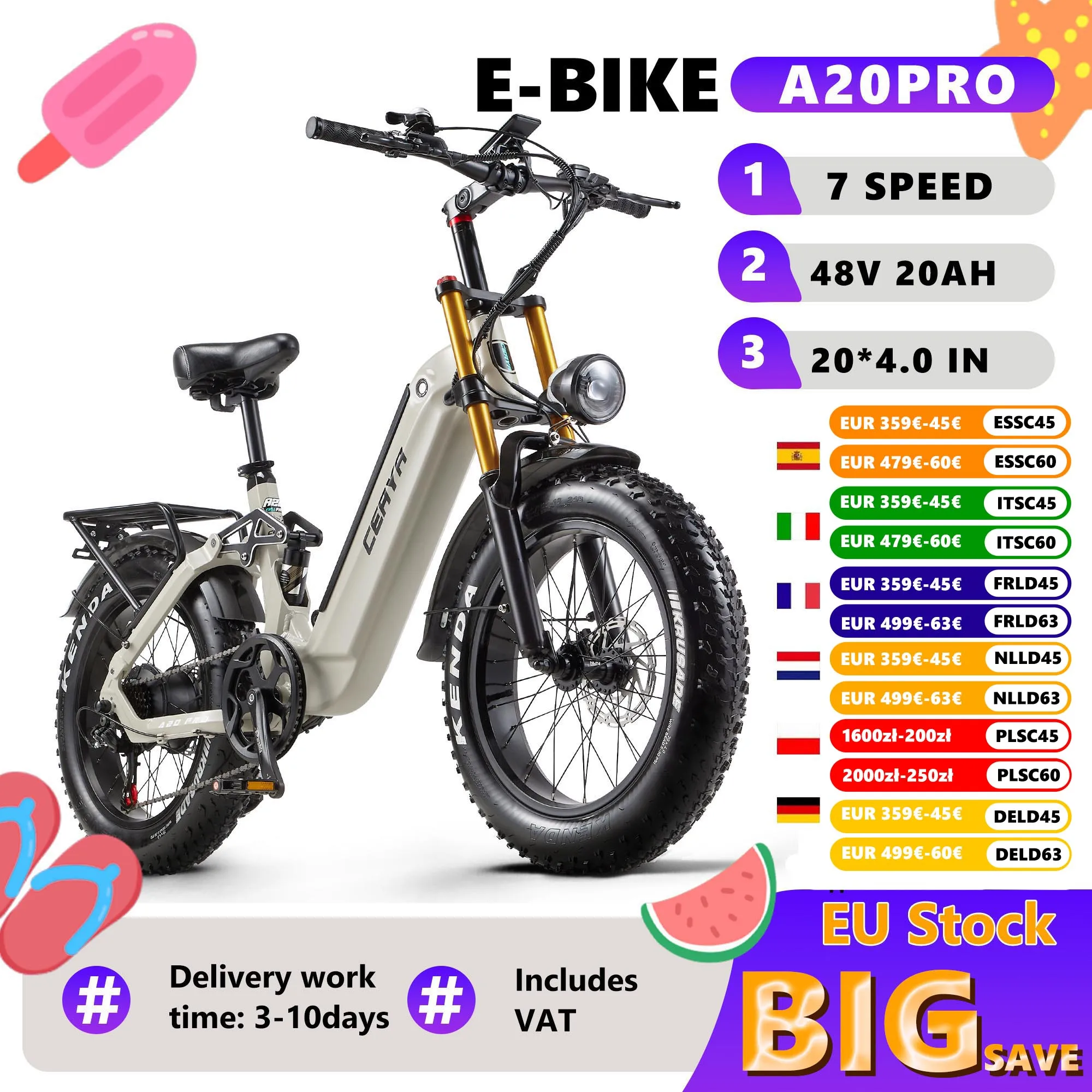 Vélo électrique CEAYA A20PRO, batterie 48V 20AH, VTT électrique pour adultes, freins hydrauliques, suspension intégrale, pneus KENDA 20*4.0, vélo électrique de banlieue.