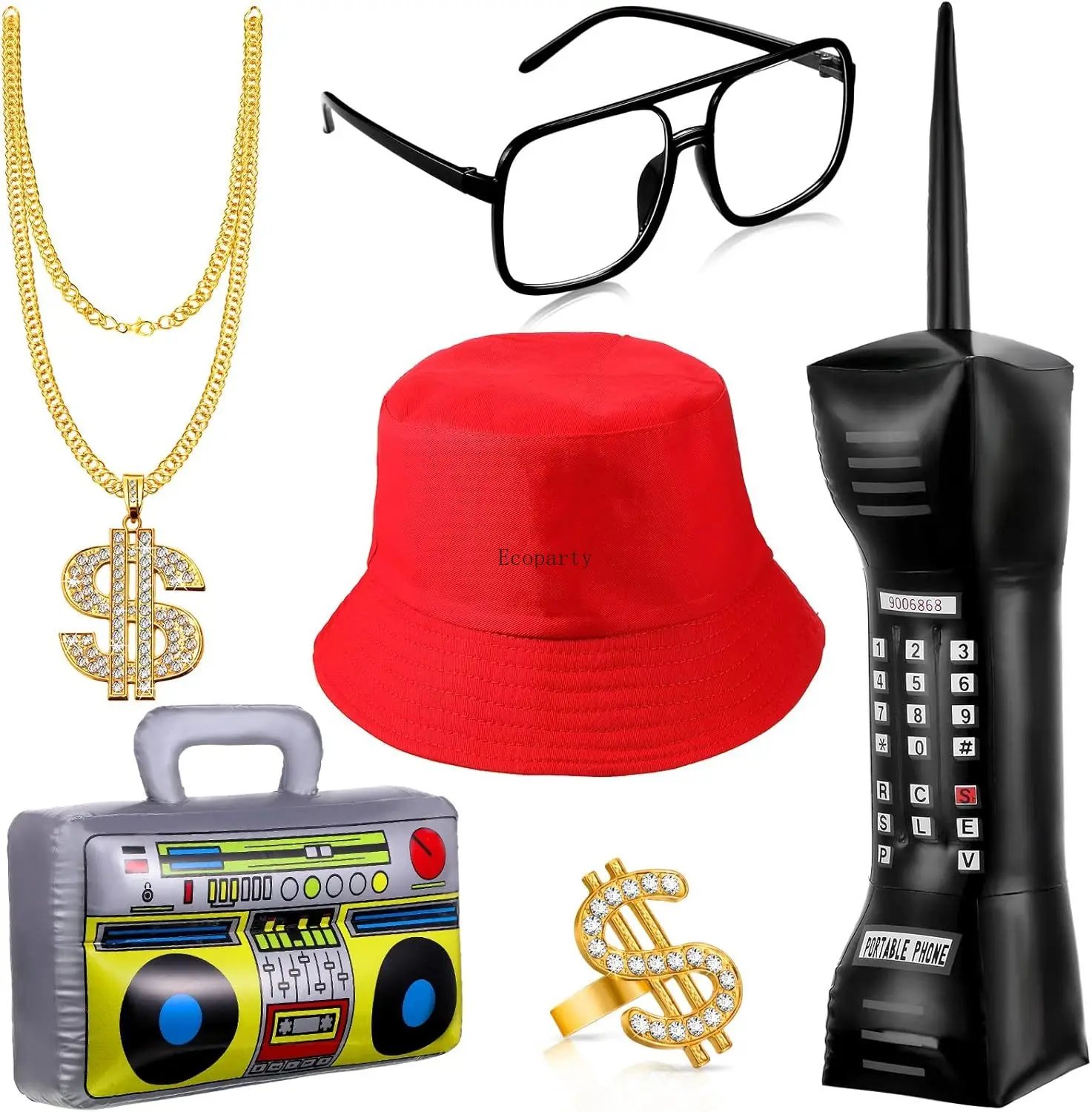 Halloween 6 Pcs 80s 90s Hip Hop Costume Outfit Kit Inflatable Radio Boombox Necklace Ring Sunglasses Hat Rapper Accessories set
