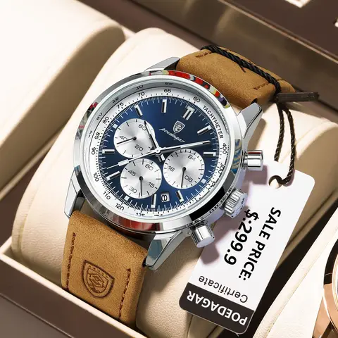 Luxury Man's Luminous Watches Wristwatch Quartz Leather POEDAGAR Waterproof Chronograph