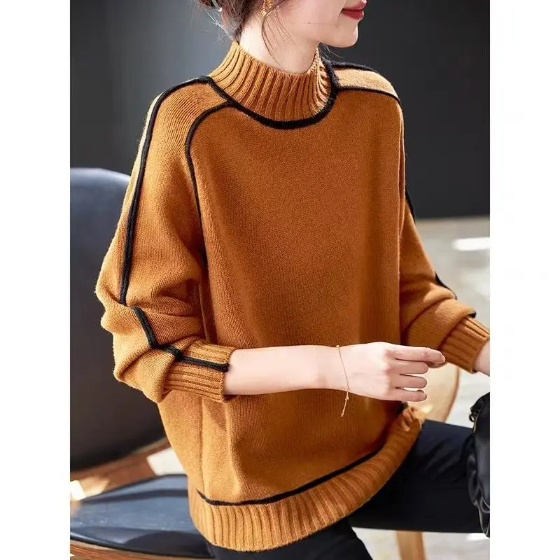 

2024 Autumn and Winter Semi High Neck Three-dimensional Striped Slimming Casual Loose Pullover Knitted Sweater Lazy Sweater
