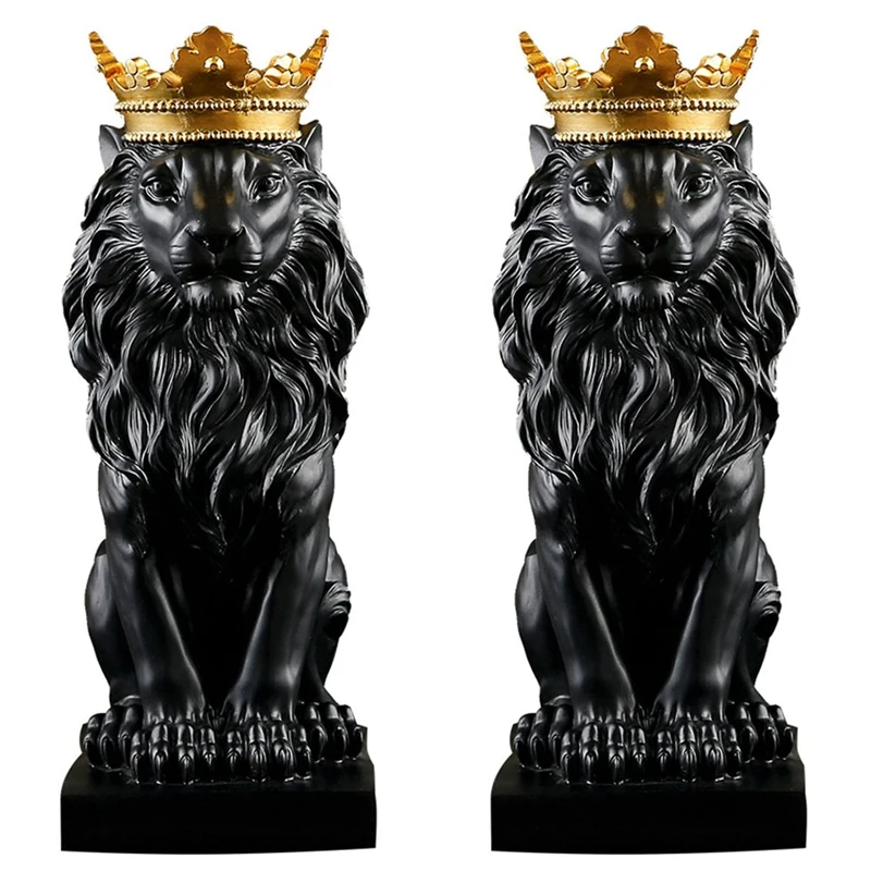 

2X Abstract Crown Lion Statue Home Office Bar Male Lion Faith Resin Sculpture Crafts Animal Art Decor Ornaments - Black