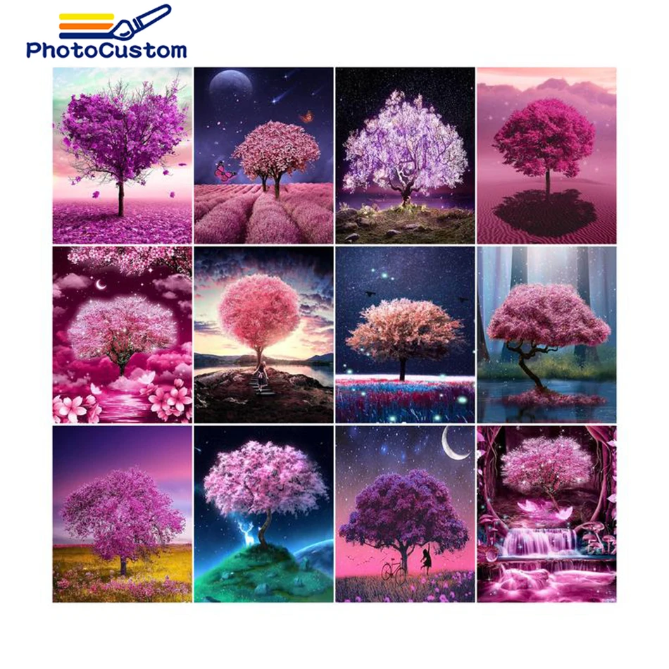 

PhotoCustom Diamond Mosaic 5D Diy Diamond Painting Purple Tree Full Drill Round Diamond Embroidery Landscape For Home Decor New