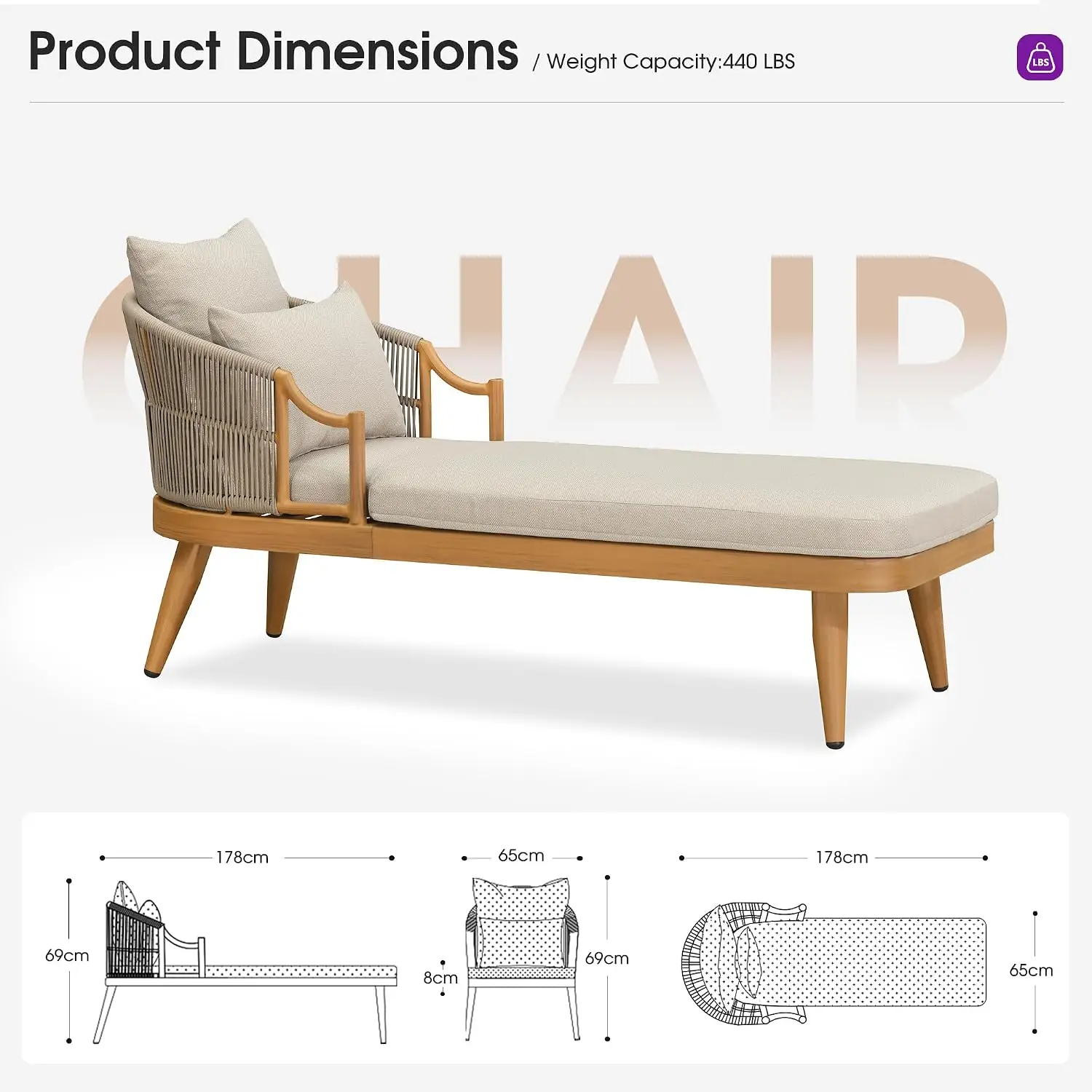 Patio Chaise Lounge Set of 2 with Soft Cushion, Teak