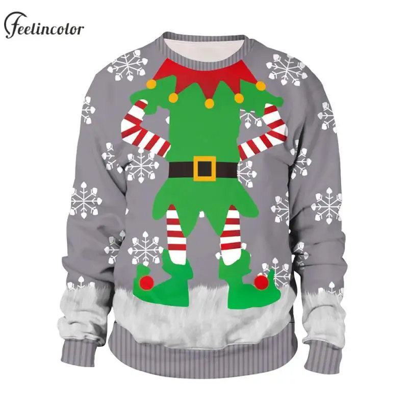 Dwarfs Men Ugly Christmas Graphic Sweatshirts Red Green Xmas Elf Print Pullover Gray Snowflakes Hoodies Holiday Couple Clothing