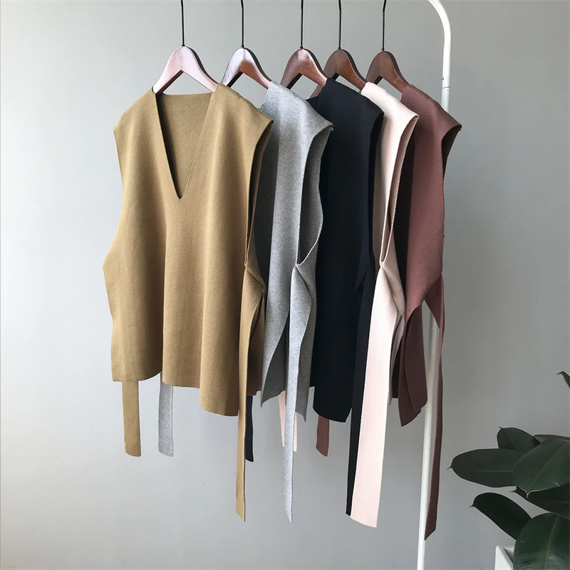 

Autumn V-Neck Loose Knitted Tank Coat Women Tie Bow Belt Sweater Vest Jakcet Female All Match Sleeveless Waistcoat Short Tops