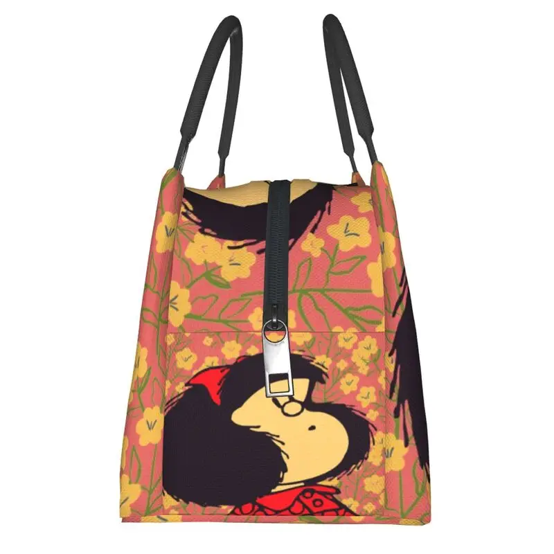 Mafalda e flores lancheira portátil para mulher leakproof quino kawaii cartoon cooler comida térmica isolado saco de almoço