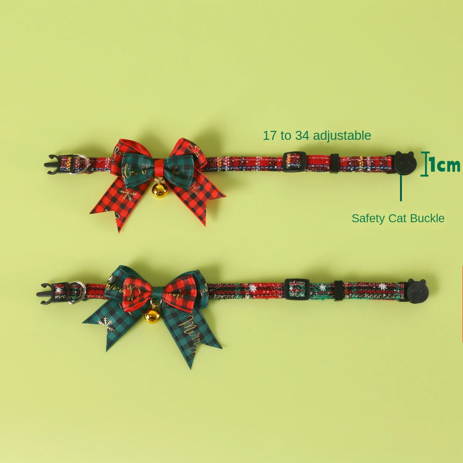 Jingle&Sparkle Merry Christmas Pet Bow Collar Anti-Choke Adjustable with Plaid Gold Foil Bows & Bells Festive Neckwear Cats Dogs - view 5