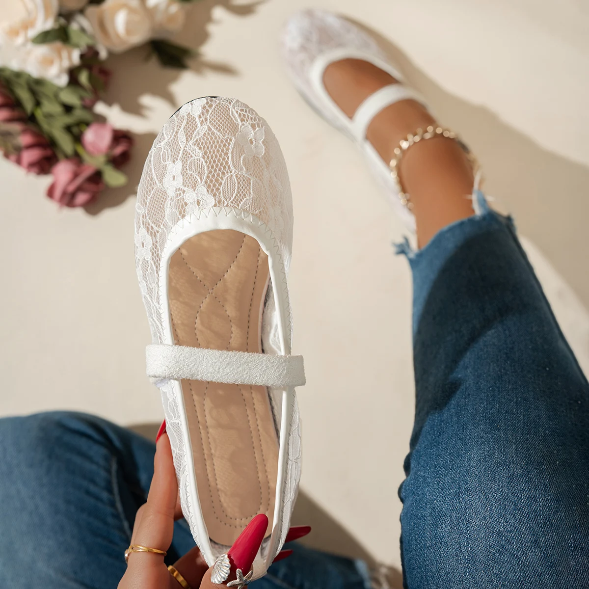 

Vintage Floral Print Low-Cut Fashion Mary Jane Flats with Buckle Strap Design