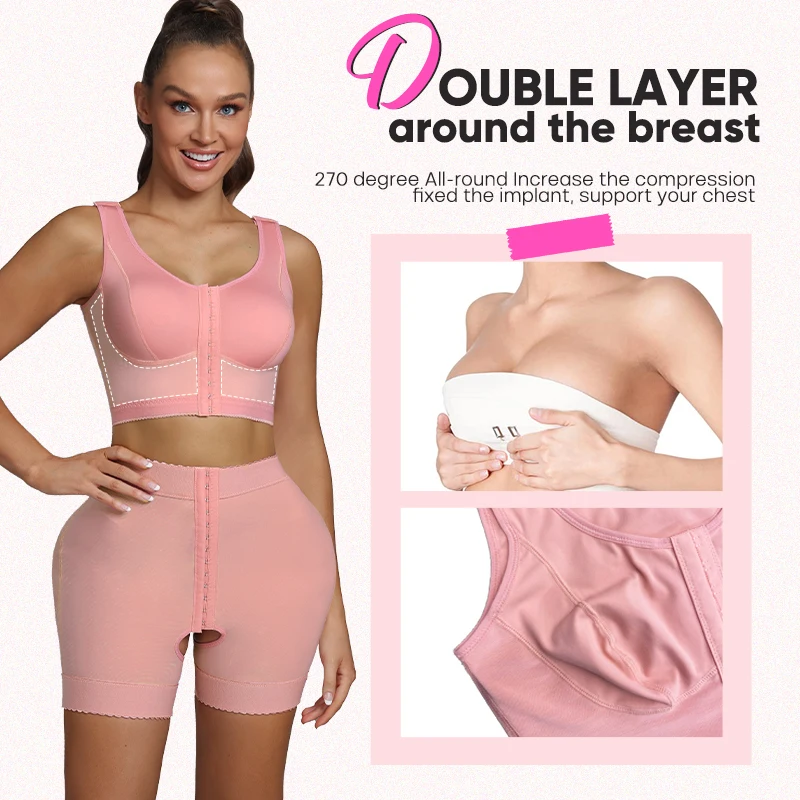 2pcs Women Pink Firm Shapewear Set Post Surgery Stage 2 Faja Shaper Bra Tops And Butt Lifter Open Crotch Shaper Shorts