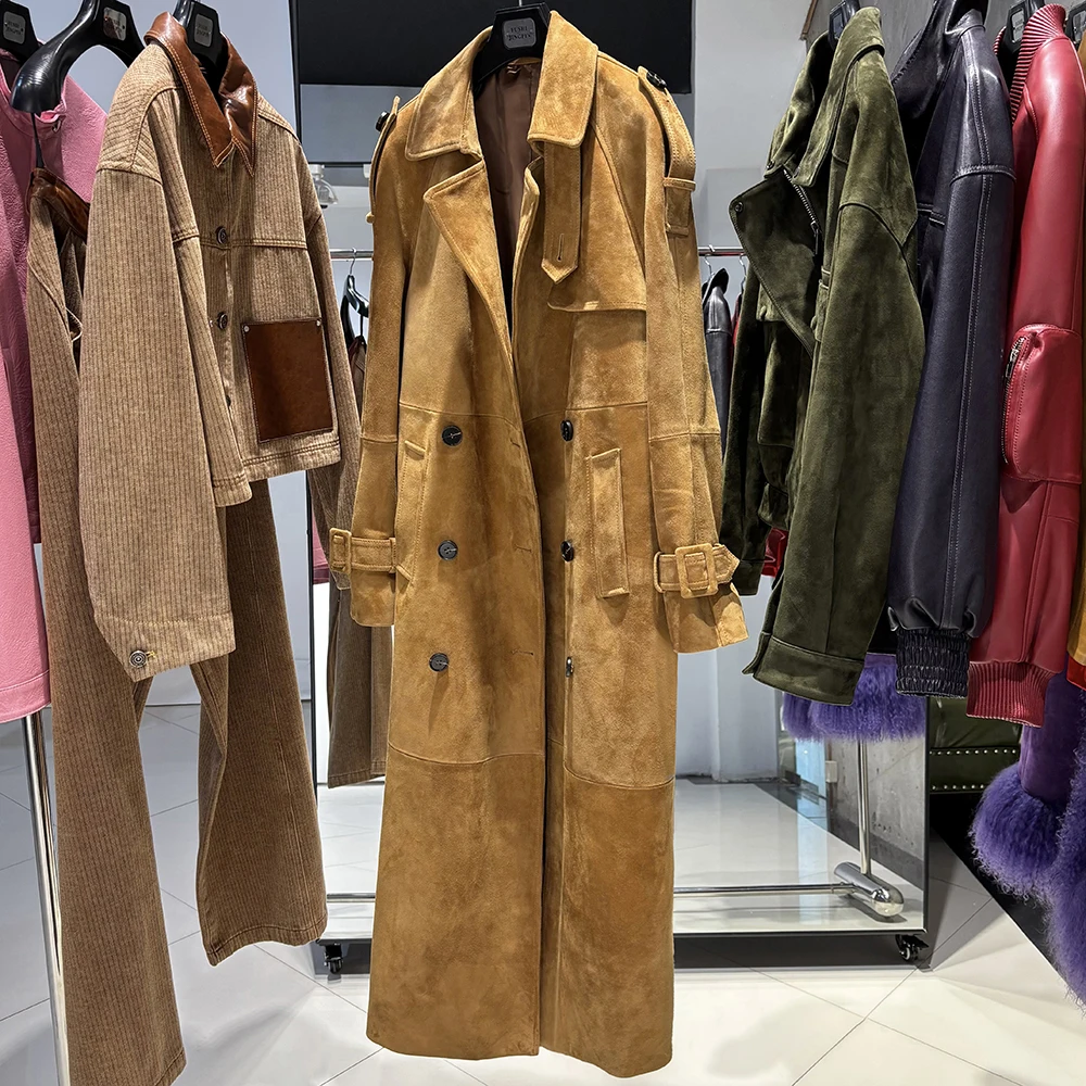 YOLOAgain Double Breasted Suede Jacket Coat Women Real Leather Trench Coat