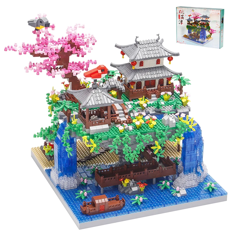 3600PCS Micro Bricks Peach Blossom Pond Bonsai Tree Building Blocks City Street View Construction Kit Toys Gift For Children Kid