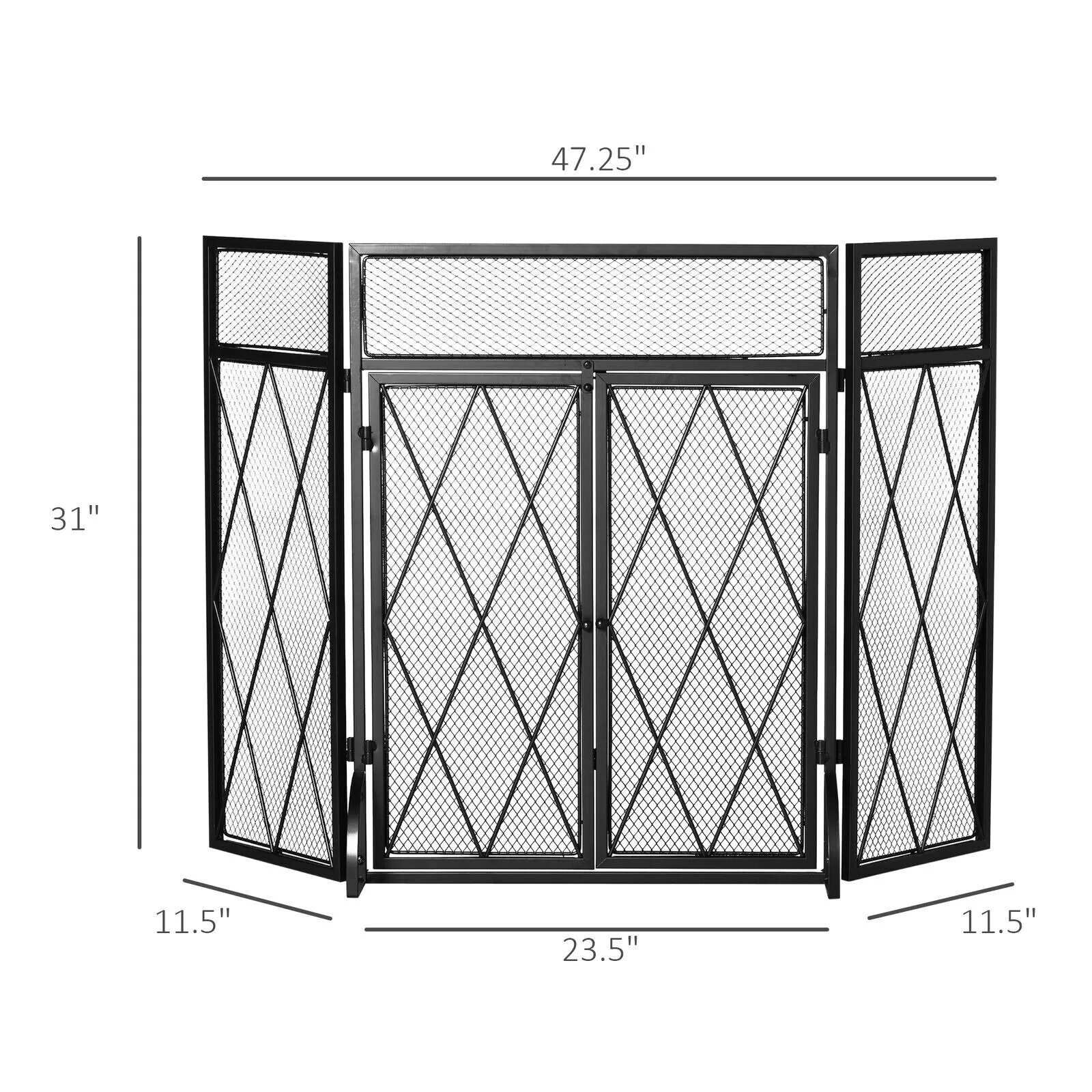 US 3-Panel Folding Fireplace Screen w/ Double Door, Metal Mesh Fire Spark Guard