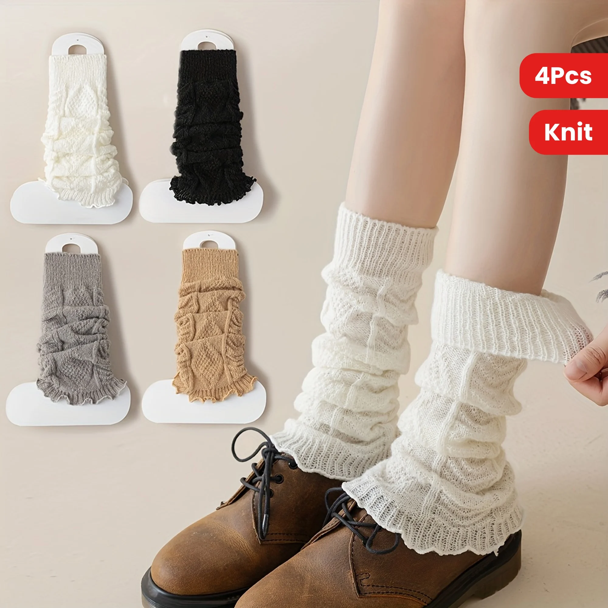 

4 Pairs Women's Knit Leg Warmers Winter Solid Color Boot Socks Set Girls Pleated Lace Trim Design for Casual Day Wear