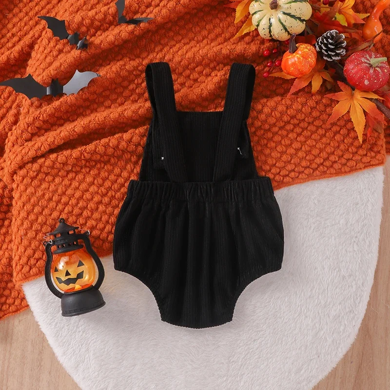 0-24M Baby Halloween Fall Overalls Romper Witch Pumpkin Cat Embroidered Sleeveless Square Neck Corduroy Jumpsuits