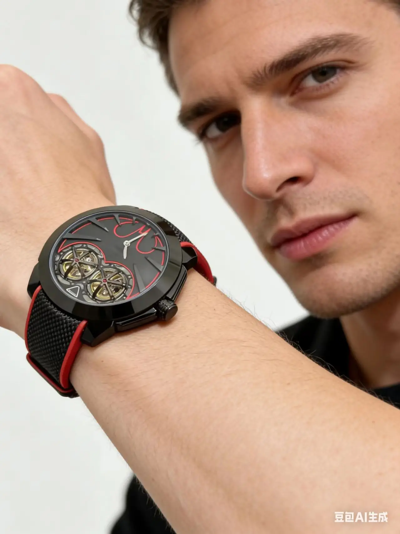 Men's automatic mechanical watch with double balance wheel design, sporty and fashionable style.  Rubber strap made of stainless