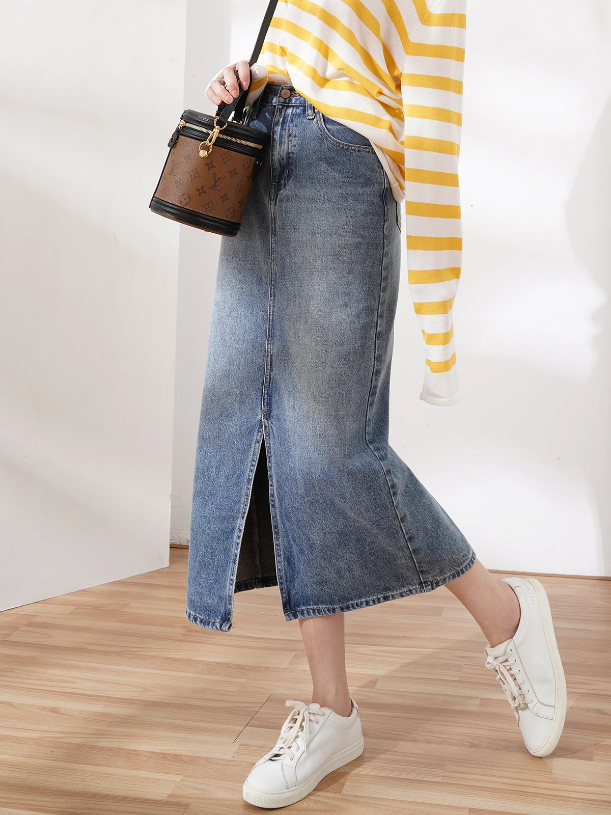 

Retro Waed Blue Denim High Waist Slim Long H-ape Split Straight Leg Skirt Cotton 00% High Waist Jeans Skirt