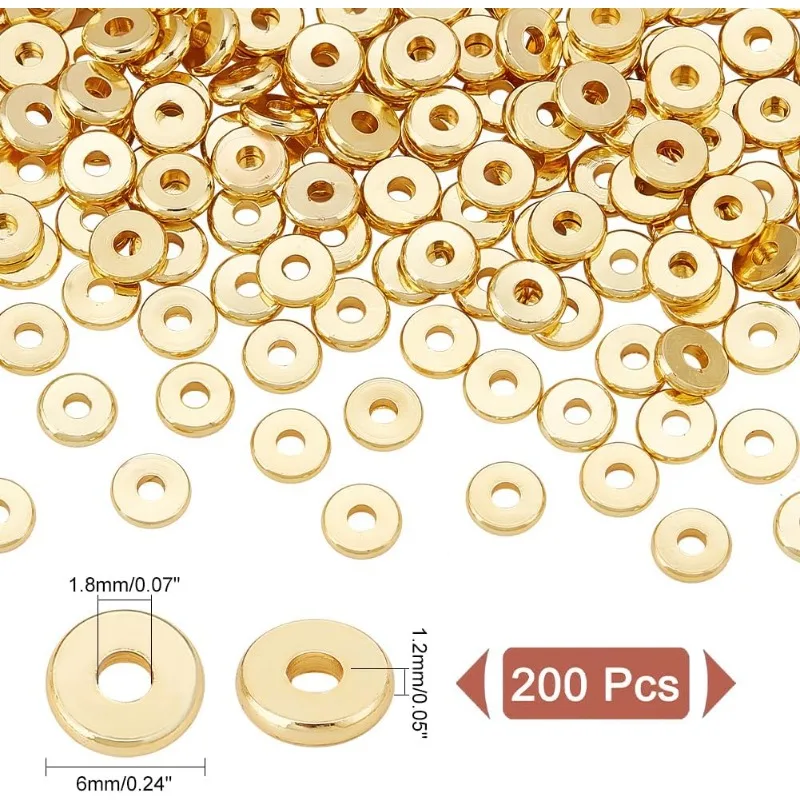 200pcs 6mm Flat Heishi Spacer Beads 18K Gold Plated Beads Disc Loose Beads Brass Flat Round Metal Beads for Heishi Clay Beads