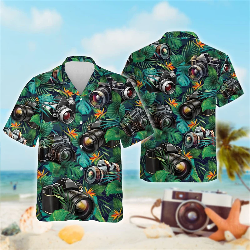 Camicie grafiche con fotocamera Vintage per uomo abbigliamento Casual camicia da spiaggia hawaiana Harajuku Fashion fotografo top maschili a maniche corte