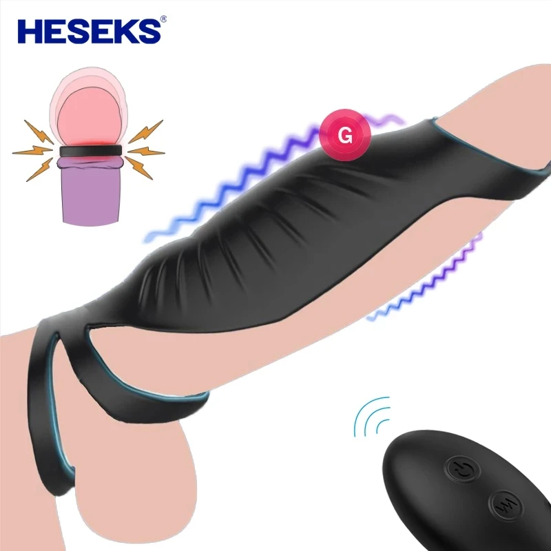 HESEKS anillo de manga de silicona para pene vibrador remoto para hombres, retraso de la eyaculación, Agrandamiento del pene, Juguetes sexuales,