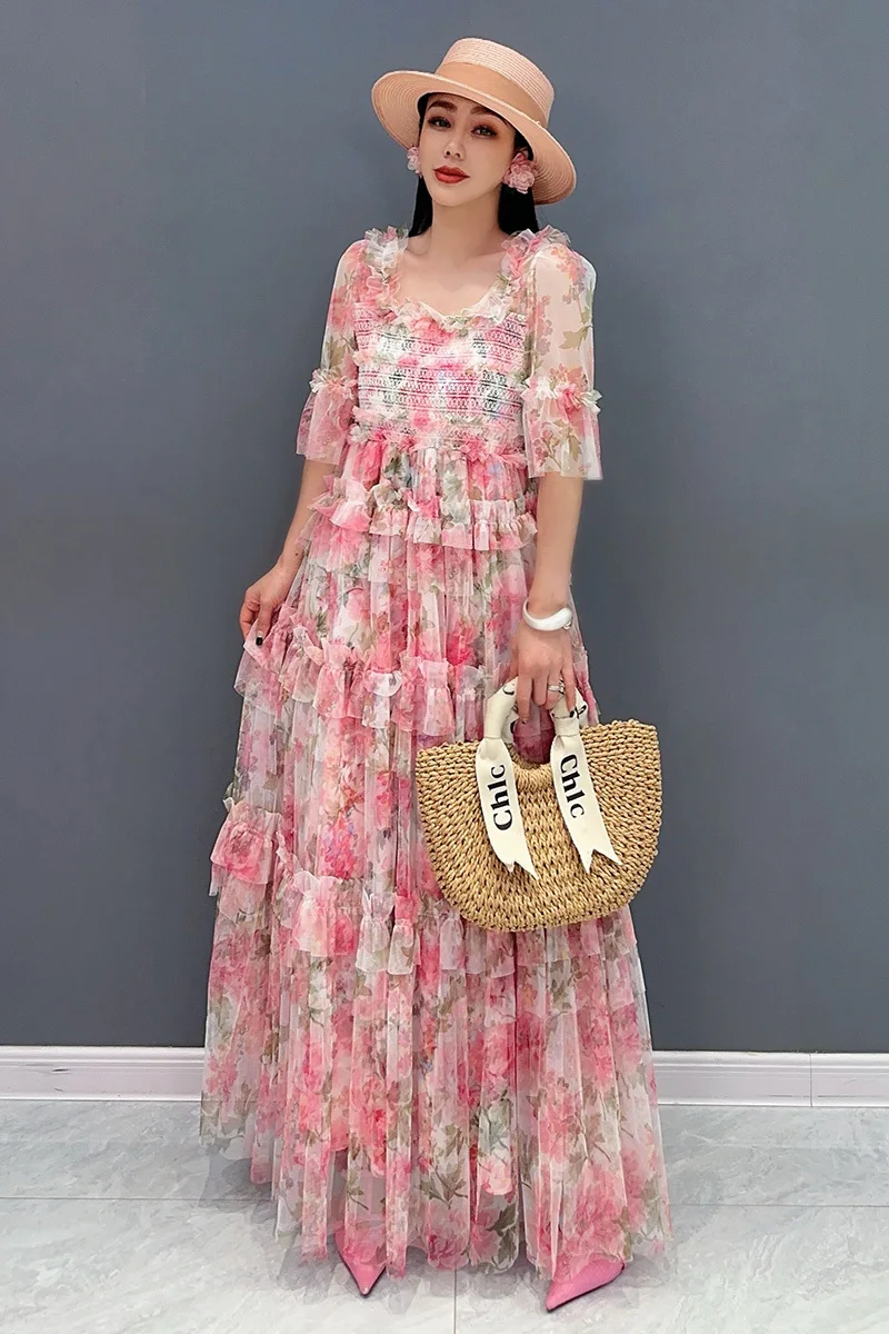 Vefadisa 2024 Summer New Ladies Pink Dress Pleated splicing Flare Sleeve Dress Patchwork folds Women Dress HLX285