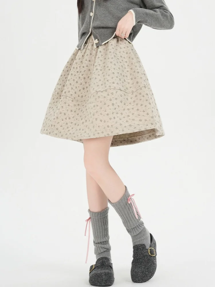 SMTHMA الأزهار الصوفية تنورة قصيرة للنساء جديد الخريف الشتاء عالية الخصر التخسيس ألف خط تنورة مزاجه تنورة أنيقة #1