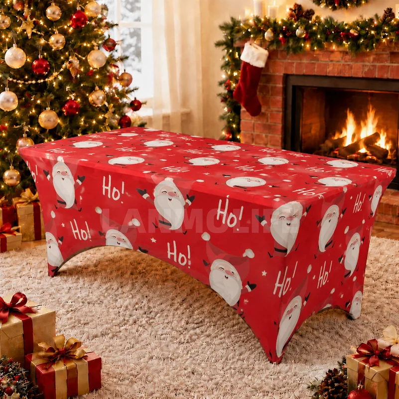 1PC Xmas Red Santa Ho Print Stretch Spandex Table Cover Elastic Fitted Tablecloth Christmas Home Fireplace Party Decor Table Ski