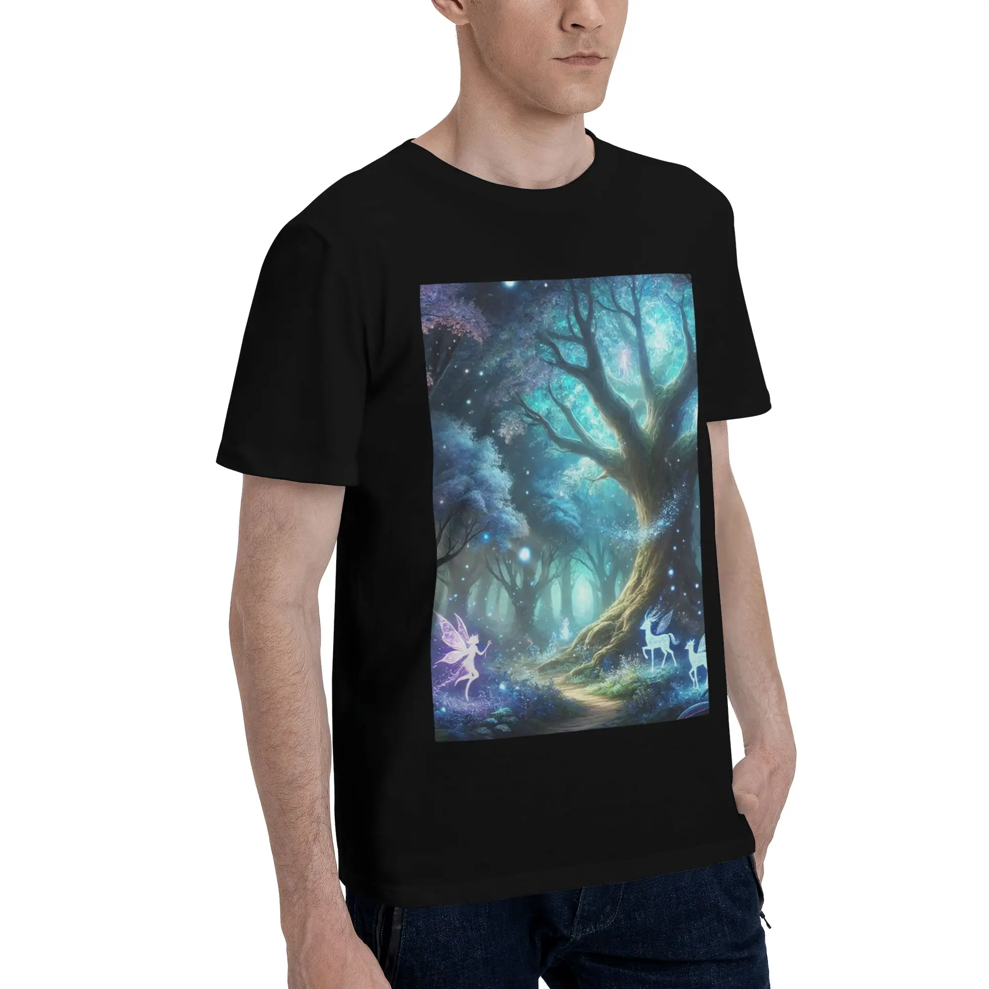 

Glowing Enchanted Forest with Fairies and Magical Creatures Men T-Shirt Oversized T Shirts Men's O-Neck Cotton Tees Short Summer