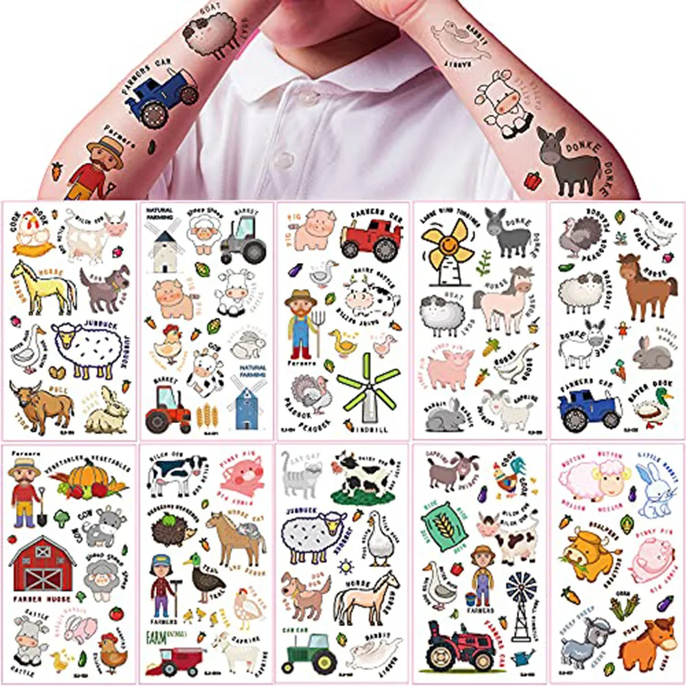 10 Sheets Farm Animals Temporary Tattoos 90 Styles Farm Birthday Party Favors Decor Boy Girl Cow Horse Tractor Trailer Sheep Pig