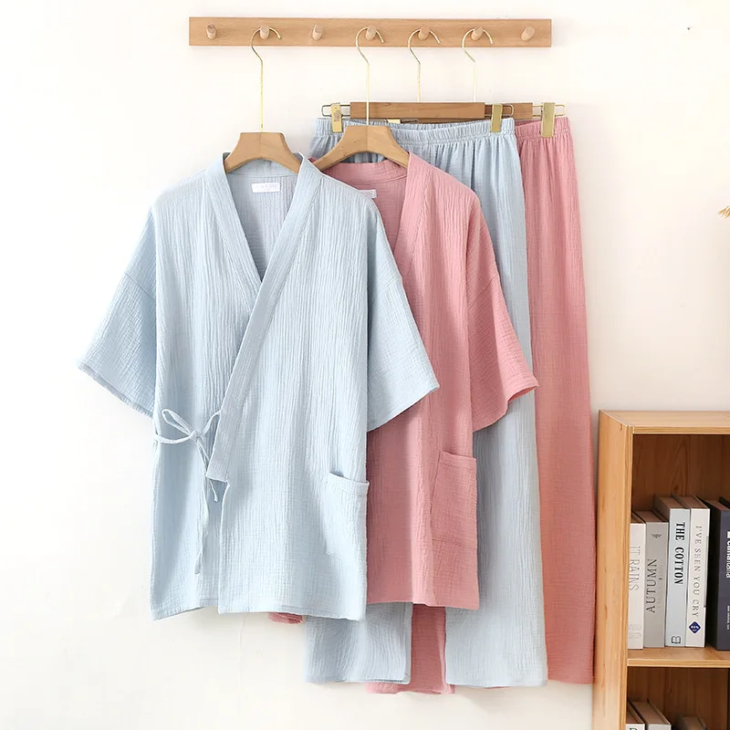 100% Baumwolle Frauen und Männer Nachtwäsche Home Kleidung Halbarm Kimono Robe setzt Paare bequeme Pyjamas Anzug Home Pijama Seda