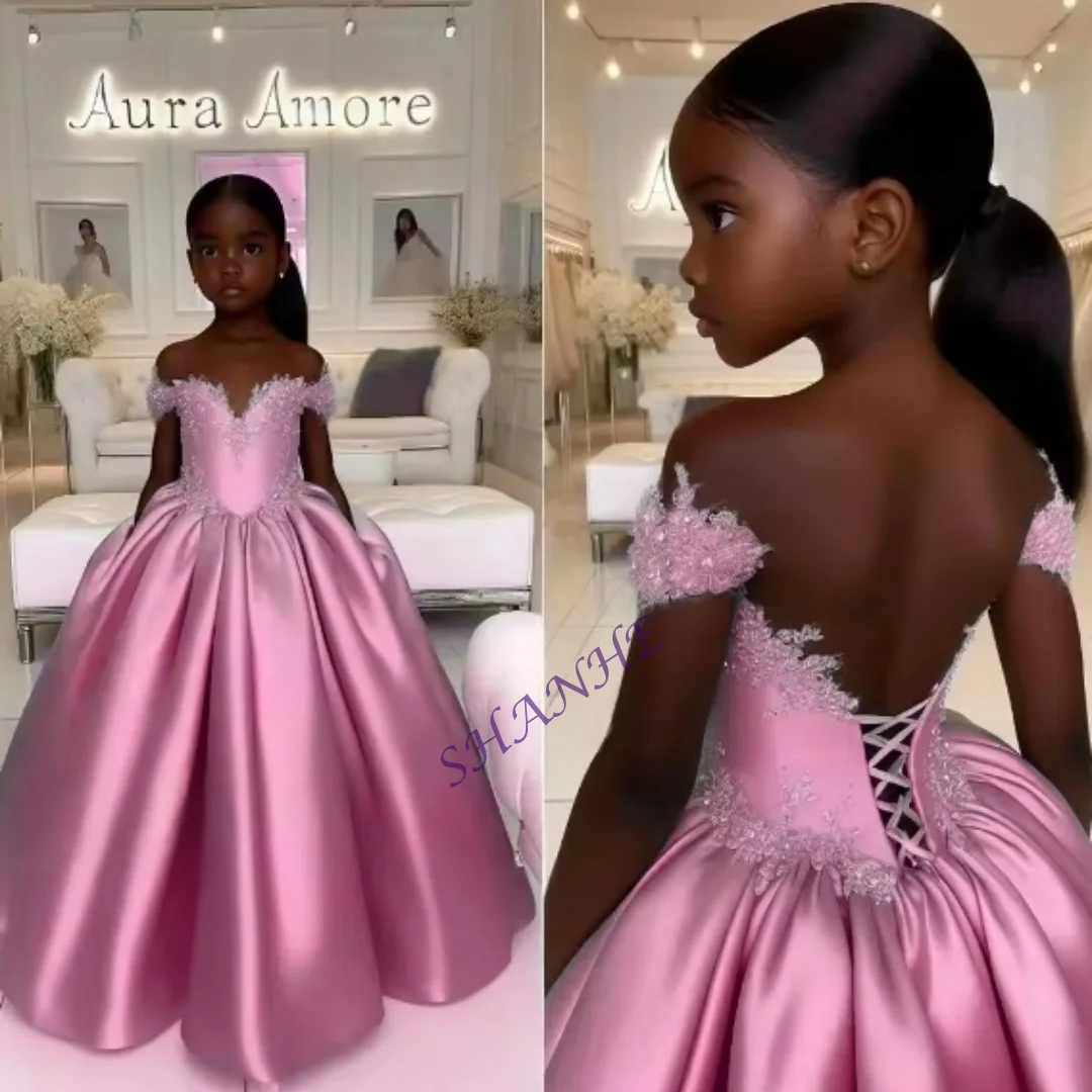 

Customized Girls Off Shoulder Lace Appliqué Satin Ball Gown With Corset Back Design For Formal Occasions Weddings Flower Girl Bi