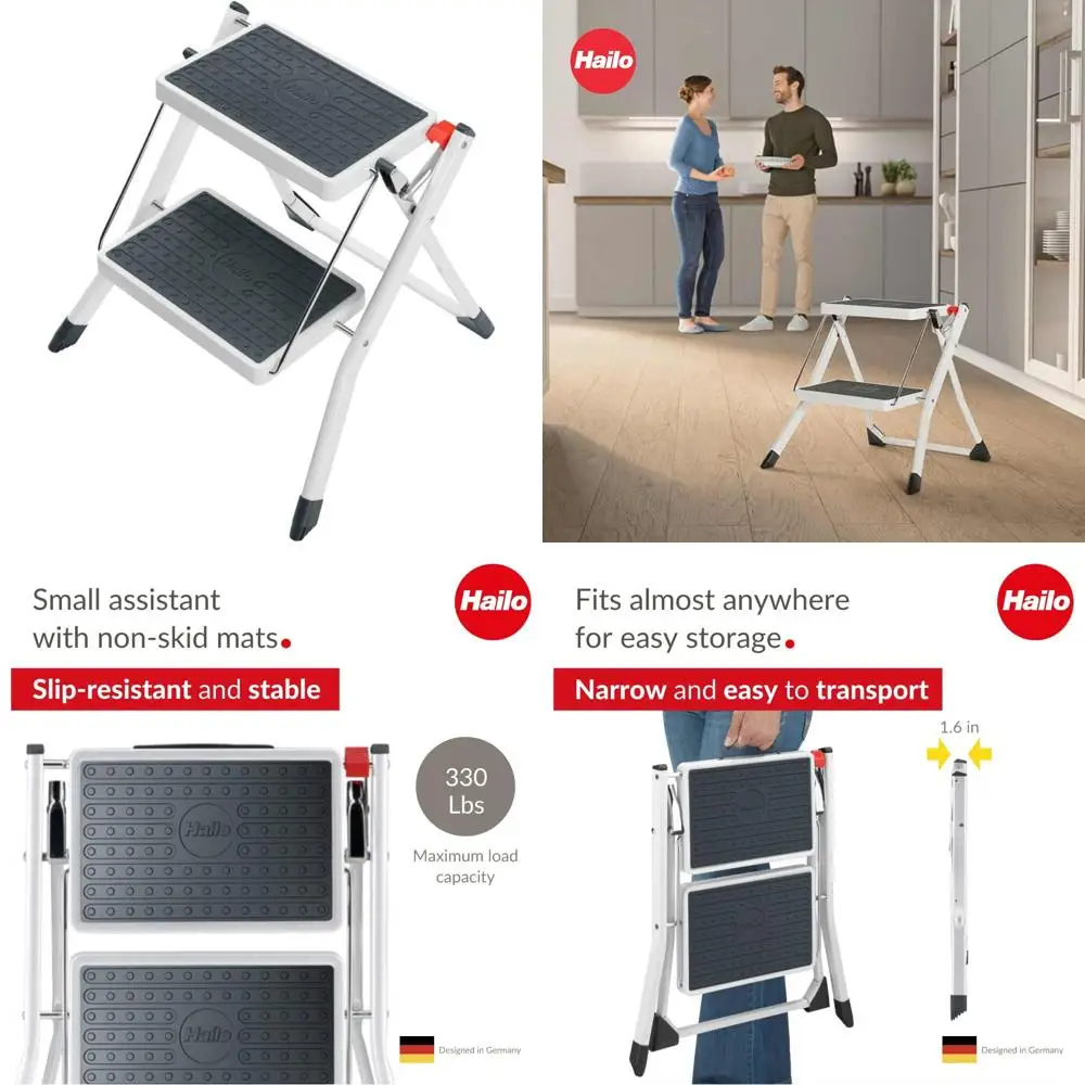 mini banco compacto de aço com degraus antiderrapantes, capacidade de peso de 330 libras, botão de segurança e alça portátil para fácil armazenamento