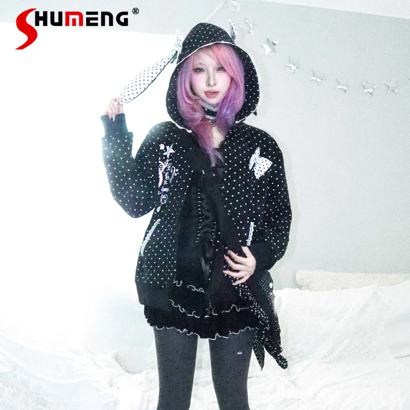 

Original Japanese Subculture Polka Dot Print Y2K Zip Cardigan Jacket Autumn New Girl's Sweet Cool Loose Rabbit Ears Hooded Coat