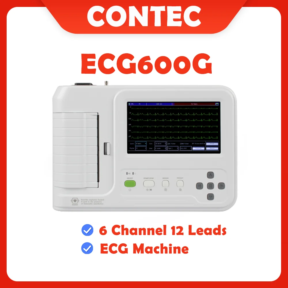 Цифровой Электрокардиограф CONTEC ECG600G, 6 каналов, 12 выводов, монитор ЭКГ/термопринтер