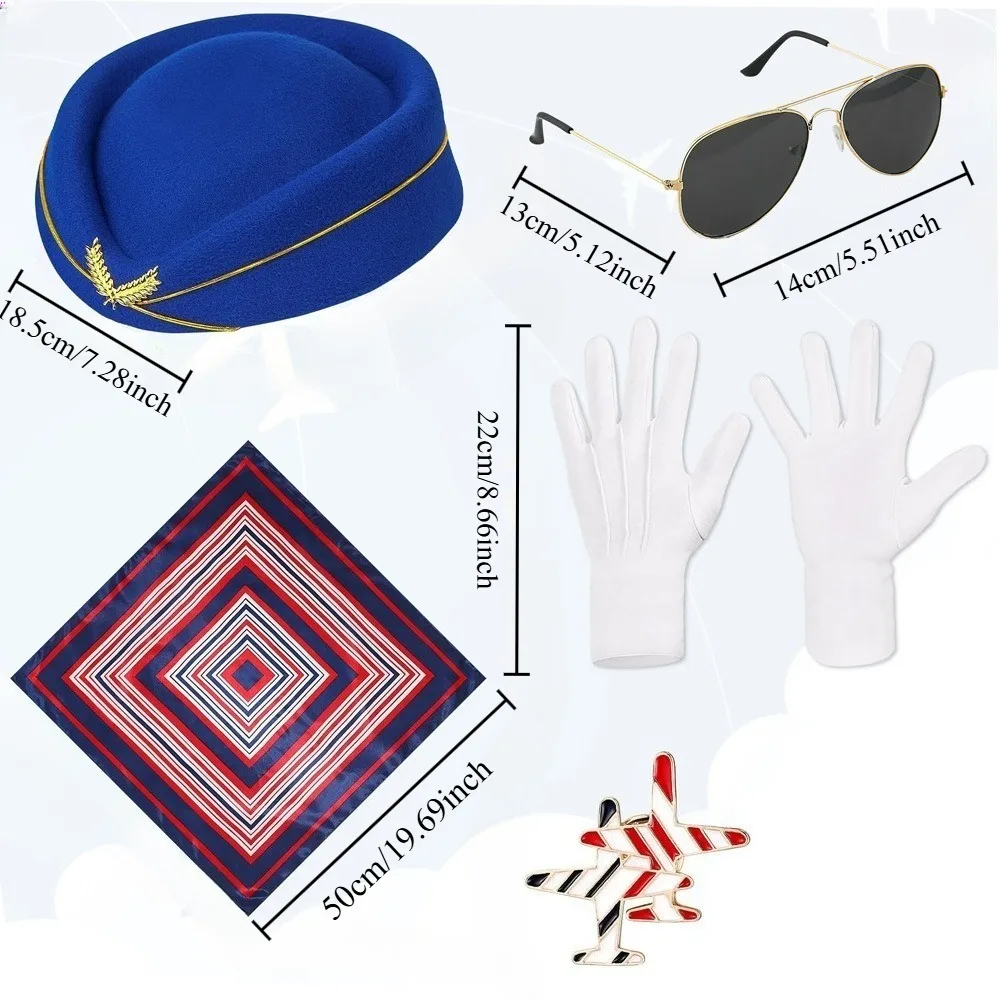 Pilot Captain Stewardess Cosplay Dress Up Accessories Set Hat Gloves Scarf Sunglasses Kit Theme Party Prom Halloween Cosplay